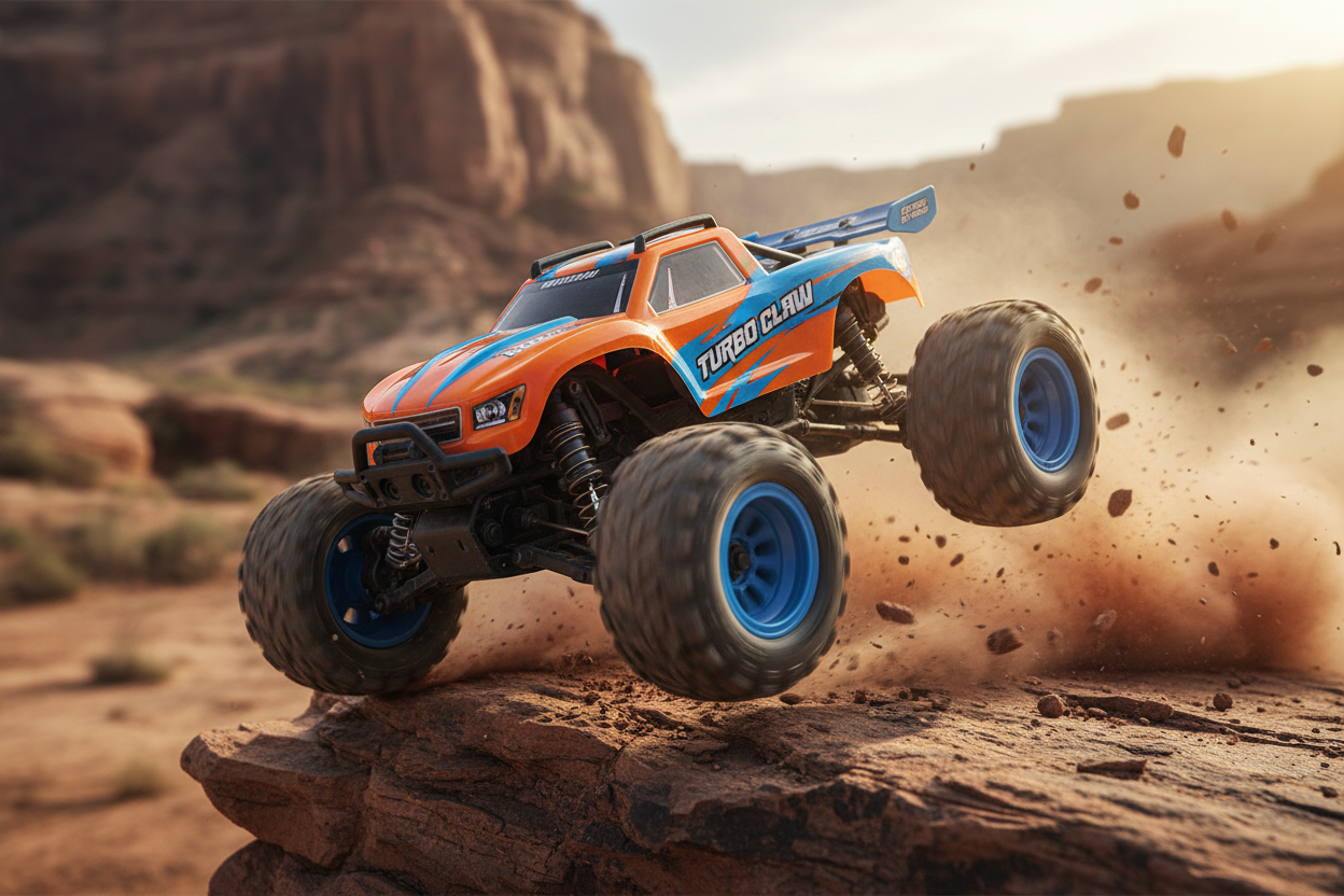 Action-packed RC toy product image featuring off-road RC monster truck driving on rocky terrain, motion blur on wheels, dust and smoke effects, dynamic angle, vibrant lighting, toy clearly visible, cinematic style, kids toy e-commerce photography, high energy, ultra realistic, 4k resolution.

Use:
Toys collection banner + adsshop_this_look_AVdw3f