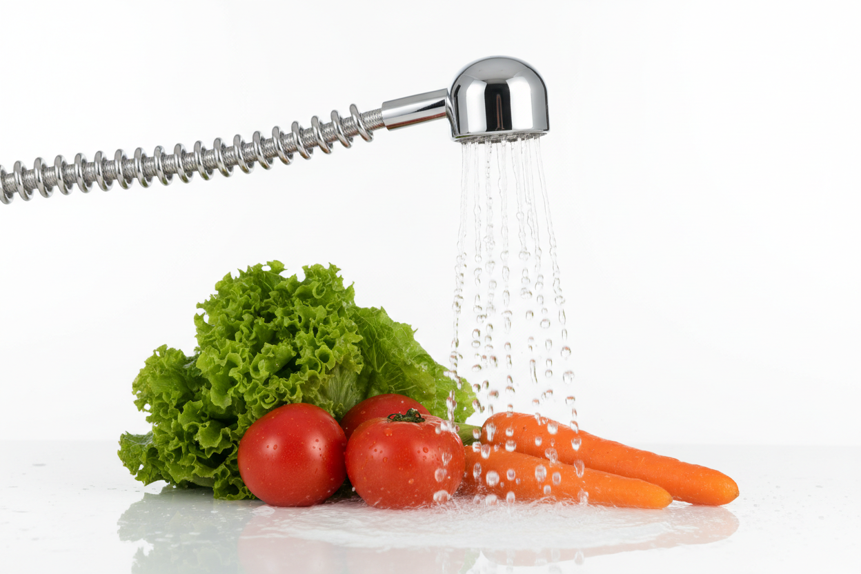 Chrome kitchen faucet spray attachment with flexible spring coil.
Water spraying onto fresh vegetables.
Clean white background, studio lighting.
Photorealistic product image.
No text, no logo.
shop_this_look_EcLGgQ