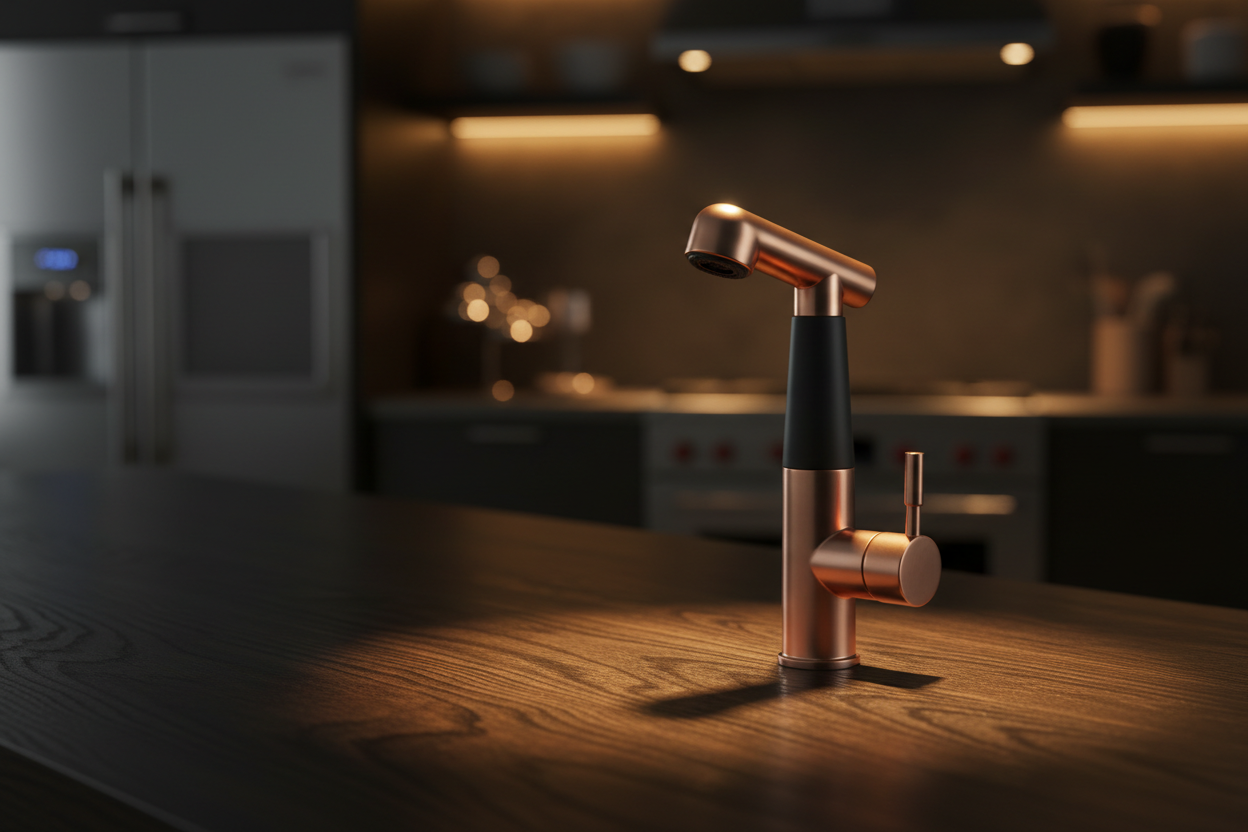 dark wooden countertop, moody warm lighting, spotlight on a single home gadget like a sprayer or coffee grinder, blurred kitchen background, cinematic shadows, premium lifestyle photography, no branding, no people, high detail texture, space for headline text
1621243260e1af0c20-0