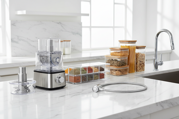 High-quality product showcase image of modern home & kitchen essentials including vegetable chopper, spice box organizer, sink sprayer, and storage containers. Clean white kitchen background, soft natural daylight, minimal props, products neatly arranged on marble countertop. Lifestyle + product-focused composition, realistic shadows, ultra sharp details, e-commerce style, professional product photography, high conversion image, 4k resolution.

Use:
Homepage collection banner / category card