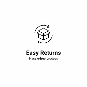 Minimal line icon of a box with circular return arrows.
Below the icon, clean sans‑serif text: “Easy Returns”.
Small subtext: “Hassle‑free process”.
Flat modern icon style.
White background.
No logo, no branding.
