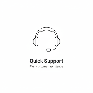 Minimal line icon of a customer support headset.
Below the icon, clean sans‑serif text: “Quick Support”.
Small subtext: “Fast customer assistance”.
Simple outline style, modern UI.
White background.
No logo, no branding.
