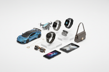 Modern eCommerce banner showing RC cars & toys, stylish watches, smart gadgets, and fashion accessories together. Clean white background, premium product photography, no text, no logos, minimal and high-conversion Shopify homepage style.

