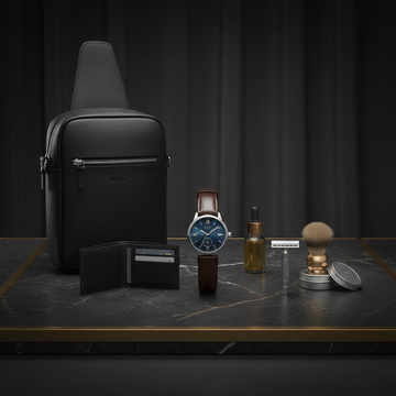 Premium men’s essential products flat lay including analog wrist watch, sling bag, wallet, grooming accessories. Dark luxury background, soft cinematic lighting, masculine tone, clean layout, realistic textures, sharp focus, modern lifestyle aesthetic, high-end product photography, suitable for e-commerce and Facebook ads, ultra realistic, 4k.

Use:
Collection card + Instagram ads