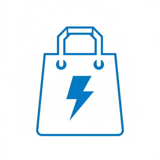 Simple white shopping bag icon with blue lightning bolt,
flat vector favicon, no text, transparent background, high contrast.
